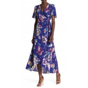 Rabbit Rabbit Wrap Midi Dress 14 Blue Floral Flowy Short Sleeve Summer Washable